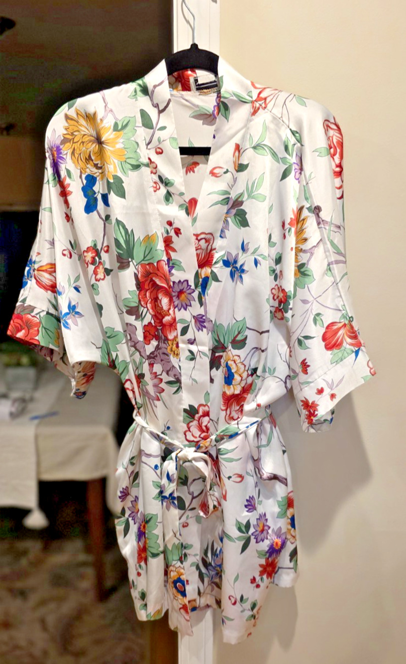 Natori White Floral Satin Robe & Slip Dress Set Women’s Small 2-Piece Lounge